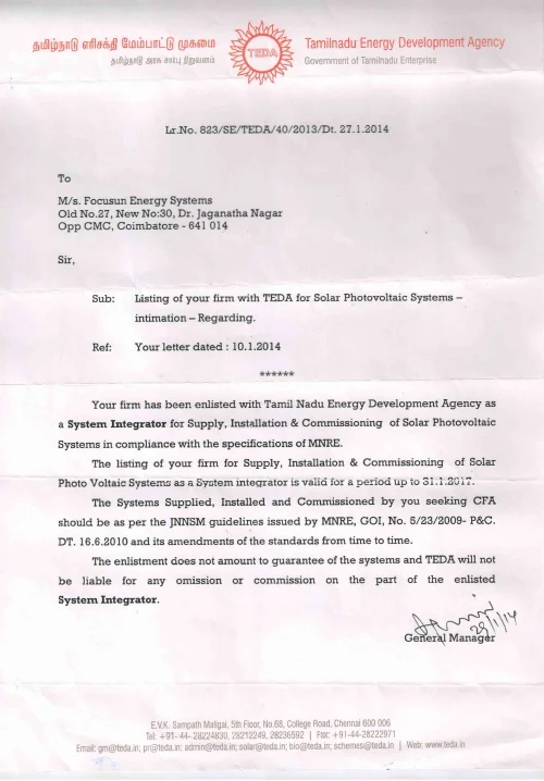 Focusun TEDA Photovoltaic Certificate 2014